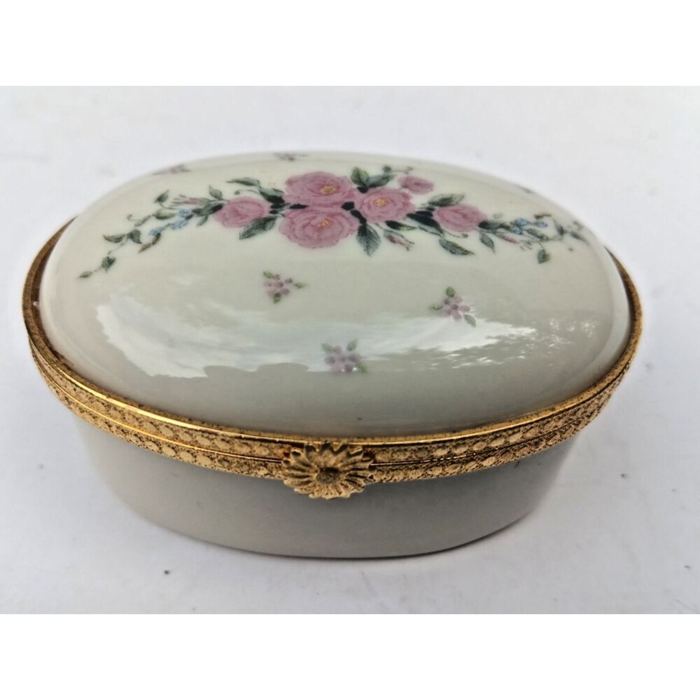 Lenox Rose Oval Hinged Trinket Box CottageCore w Gold Trim Pink White